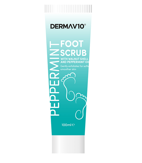Description Our Derma V10 Exfoliating foot scrub is enriched with Walnut shell, Peppermint Oil and Menthol to gently exfoliate and refresh your feet revealing softer, smoother skin. For best results use 2–3 times a week alongside other foot products in our range. Vegan Friendly.