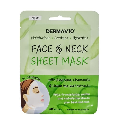 Description 1 Mask Our Derma V10 Aloe Vera Face and Neck Sheet Mask helps to moisturise, soothe and hydrate the skin on your face and neck. Enriched with Aloe Vera, Chamomile and Green Tea leaf extracts. Suitable for all skin types. Vegan Friendly. How To Use Caution: Avoid contact with the eyes. If product gets into eyes rinse well with water immediately. In the unlikely event that irritation occurs – discontinue use. Keep out of reach of children. Store in a cool, dry place. Use immediately after opening to prevent from drying out.