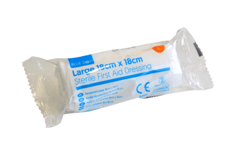 Pack of 5 Blue Dot Flow Wrapped Large Dressing 18cm x 18cm Sterile, low adherent pad with extra long, fast edged conforming bandages. Key Features: -Sterile first aid large  dressing -Low adherent pad -Long & Strong conforming bandage for securing in place -Individually flow wrapped 