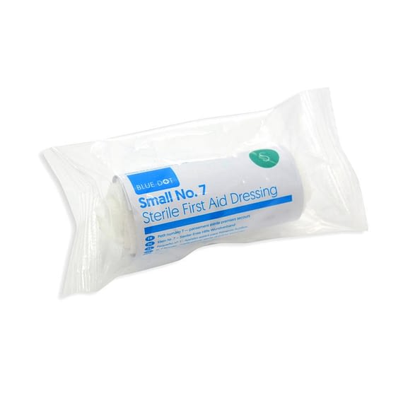 Blue Dot Small No7 Flow Wrapped Finger Dressing 2.5cm x 2.5cm In compliance with the HSE, this is a sterile flow wrapped finger dressing with a fast edged bandage. Key Features:- Sterile first aid dressing-Low adherent pad  Long & Strong conforming bandages for securing dressings in place Individually flow wrapped.