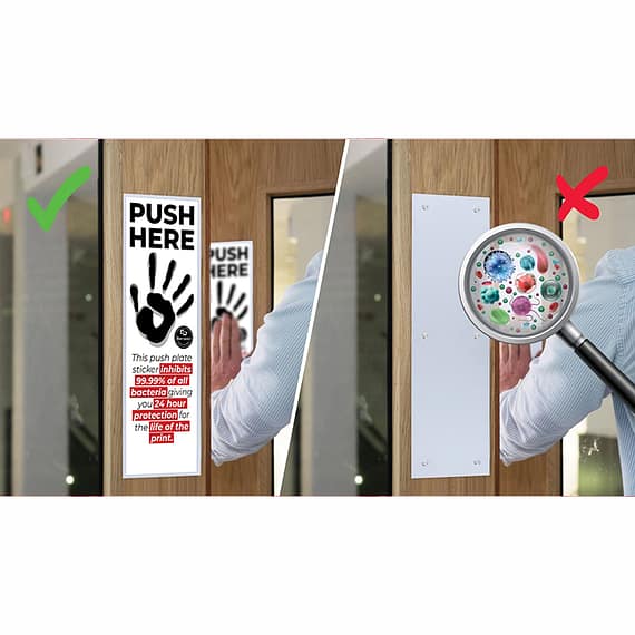 Door Push Plate stickers are an affordable way to cover all your metal push plates in the building keeping your staff, clients, pupils and patients safe.