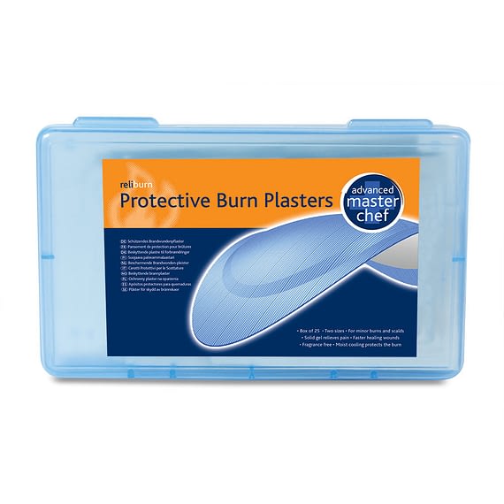 Reli Burn Blue Advanced Hydrogel Burns Plasters Latest in burn dressing technology. Provides moist cooling whilst protecting minor burns. Cooling gel lets the wound heal faster. Reduces risk of scarring. Blue for food hygiene regulations.