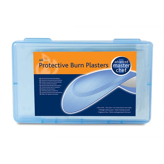 Reli Burn Blue Advanced Hydrogel Burns Plasters Latest in burn dressing technology. Provides moist cooling whilst protecting minor burns. Cooling gel lets the wound heal faster. Reduces risk of scarring. Blue for food hygiene regulations.