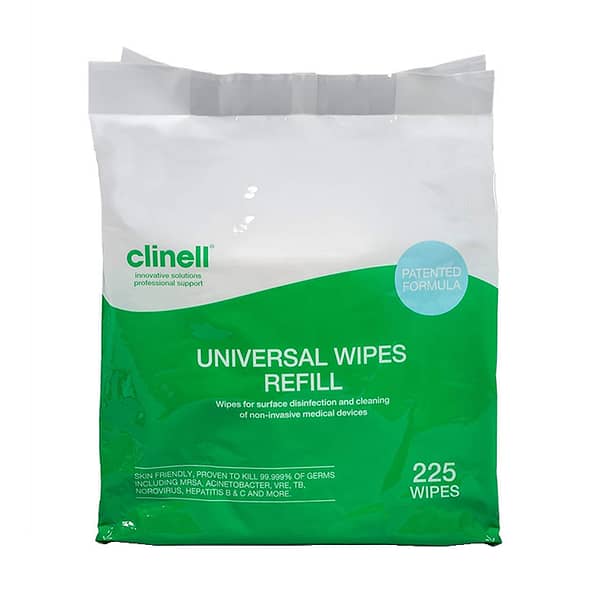 Clinell Universal Wipes 225 Bucket (Refill Pack) Effective against the Covid19 virus in 30 seconds Antimicrobial Hand Wipes proven to kill at least 99.999% of germs, the formula remains gentle enough to be used on skin