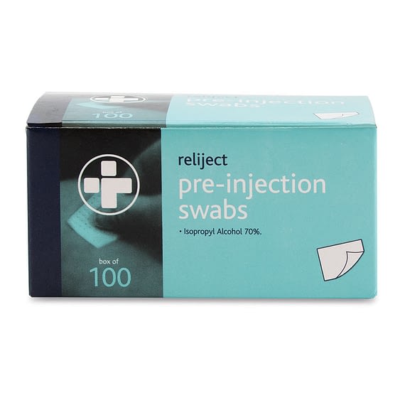 Reliject Pre-injection Wipes For skin preparation. 2ply. Impregnated with Isopropyl Alcohol 70%. Individually wrapped.