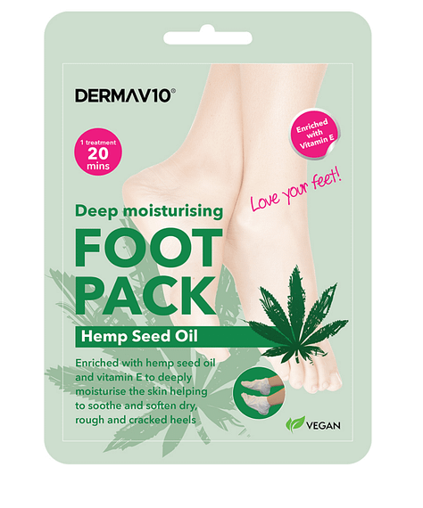 Derma V10 Hemp Seed Oil deep moisturising foot packs enriched with vitamin E deeply moisturise the skin helping to soothe and soften dry, rough and cracked heels. Vegan Friendly.
