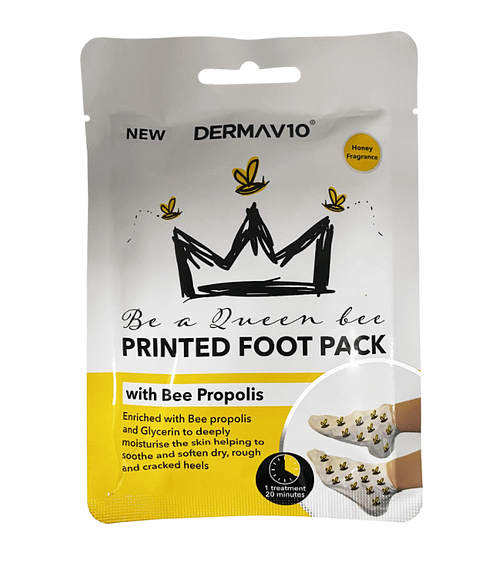 Derma V10 Queen Bee’s printed foot packs enriched with Bee propolis and Glycerin to deeply moisturise the skin helping to soothe and soften dry, rough and cracked heels. How To Use