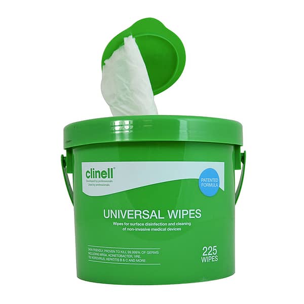 oclinell-universal-wipes-225-bucket surface disinfection wipe Antimicrobial Hand Wipes proven to kill at least 99.999% of germs, the formula remains gentle enough to be used on skins are ideal for the use at hme and work.