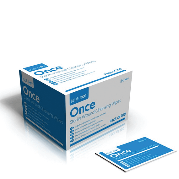 Sterile Saline Wipes (Box of 100) Blue Dot Once Sterile Saline Wipes can be used on broken skin to properly clean wounds. An essential item for all first aid kits these wipes are impregnated with 0.9% sodium chloride solution.  Blue Dot Once Sterile Saline wipes are CE marked as a medical device