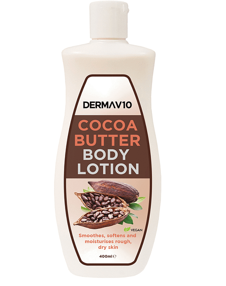 Derma V10 Cocoa Body Lotion 400ml Description Our Derma V10 Cocoa Butter Body Lotion moisturises and nourishes even the driest skin leaving it soft and smooth. Apply to hands, arms, legs, anywhere the skin is dry. Use after sunbathing to help prevent peeling.