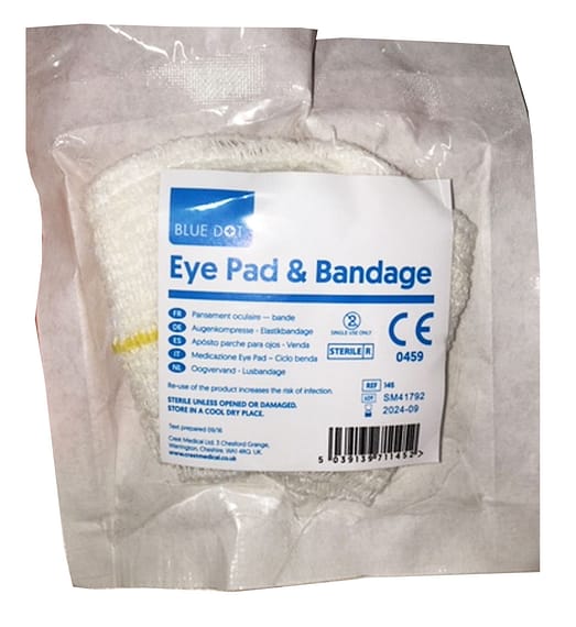 Blue Dot HSE Eye Pad & Bandage Looped In compliance with the HSE, this is a sterile individually wrapped universal eye pad with a fast-edged conforming loop bandage.