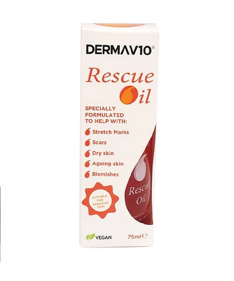 DermaV10 Rescue Oil 40ml 75ml prevention of stretch marks This oil contains a combination of Vitamin E, Evening Primrose Oil, Almond Oil and Peach Kernel Oil and is free from mineral oil to help soothe and improve the appearance of the skin and nails, restore the skin’s natural moisture balance and assist in the rejuvenation of wrinkled, sagging skin. Rescue Oil has been specifically formulated to help with: Treatment and prevention of stretch marks Scar Tissue Dry, dehydrated skin conditions Ageing skin Blemished skin After sun treatment Can also be used: Before, during and after pregnancy As a therapeutic bath oil Dermatologist approved – Clinically Tested – Vegan Friendly – Suitable for sensitive skin *Shortlisted for Best Maternity/New Mum Skincare Product in the Loved by Parents 2016 Awards*