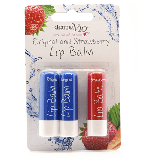 Derma V10 lip balms are specially designed to help moisturise dry lips and protect them from the elements. Made from the finest petroleum jelly and packaged in easy to use, pocket sized twist sticks. 2 Original and 1 Strawberry flavour 4.8g sticks.