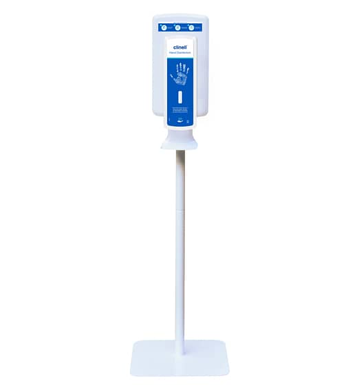 The Clinell Touchless-free standing Hand Disinfection dispenser is perfect for placement in a variety of high traffic locations.