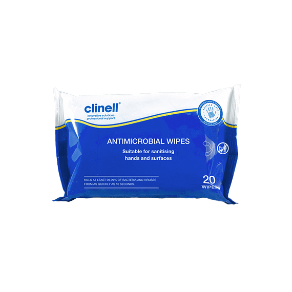 Clinell Antibacterial hand Wipes pack of 20 Clinell single use sanitising hand  wipes can be used to disinfect hard surfaces and hands reduces the risk of microbial cross contamination kind on skin proven to kill at least 99.999% of germs 2 in 1 double action without the need for water suitable for home use