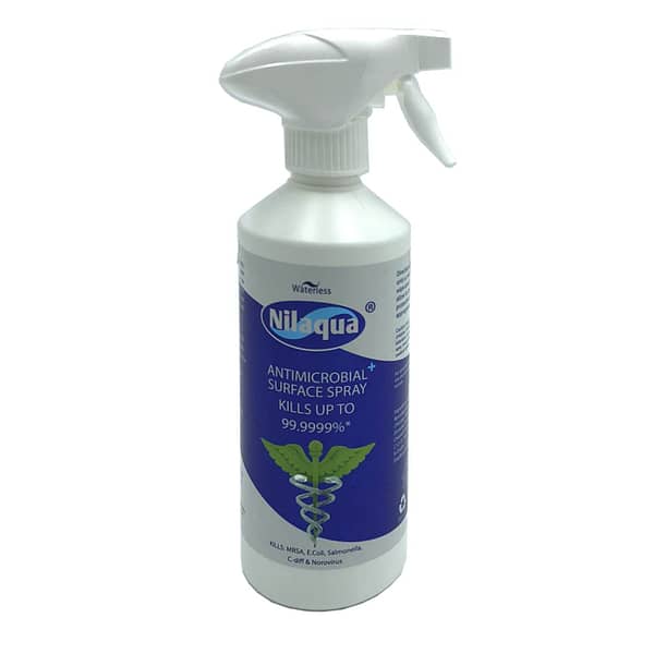 Nilaqua Antimicrobial surface spray 500ml ( multi-purpose surface spray) Nilaqua EN1500 approved alcohol-free multi-purpose surface spray, product range is non-irritating to the skin, non-toxic, non-skin drying, non-flammable and allergen free. Nilaqua surface spray kills up to 99.9999% of germs like MRSA, C-diff and E-coli, salmonella and more in just 30 seconds, yet it's gentle to all surfaces.